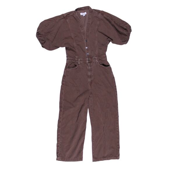 Ética Pants - Ética Celeste Wide Leg Twill Jumpsuit Sz S Rusty Brown Puff Short Sleeve V-Neck